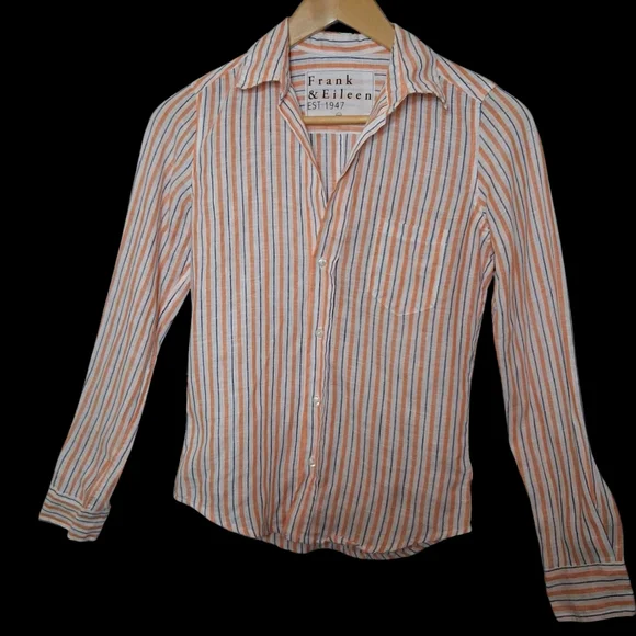 Frank & Eileen 100% Linen Orange Blue & White Stripe Button up XXS NWOT *READ - Picture 1 of 12